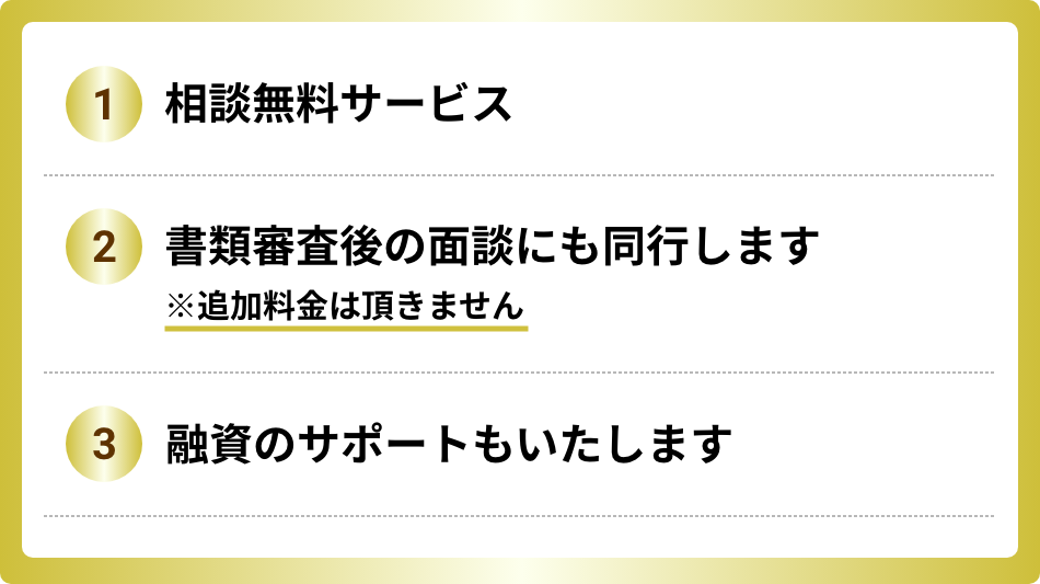 1.相談無料サービス／2.書類審査後の面談にも同行します ※追加料金は頂きません／3.融資のサポートもいたします