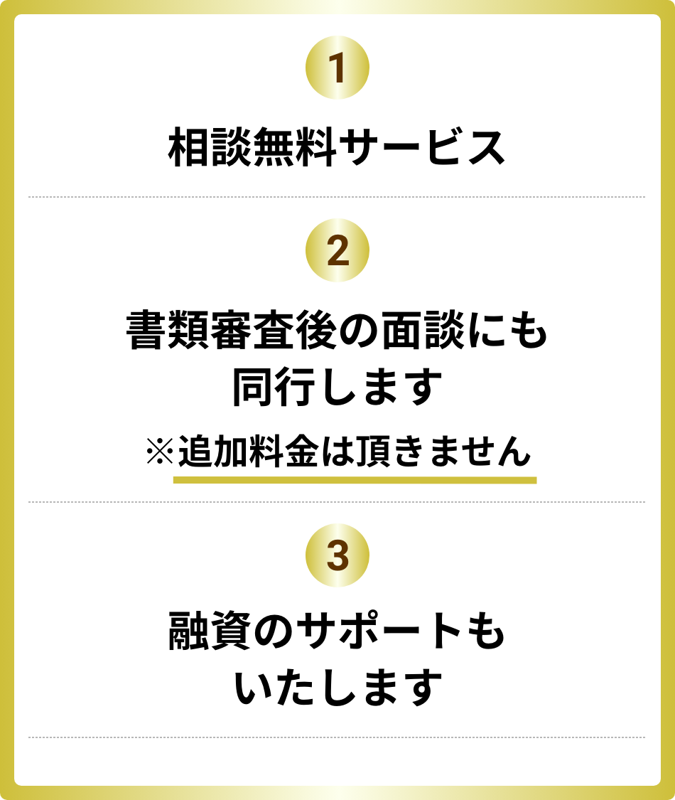 1.相談無料サービス／2.書類審査後の面談にも同行します ※追加料金は頂きません／3.融資のサポートもいたします